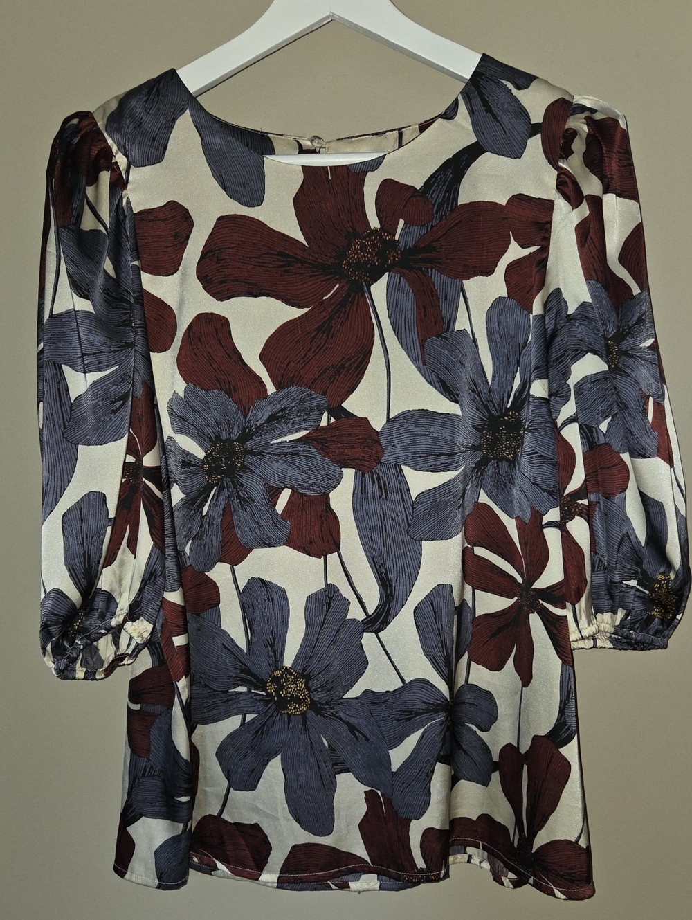 Doe and Rae Cream Long-Sleeve Floral Dress with Blue and Brown Blooms Boutique
